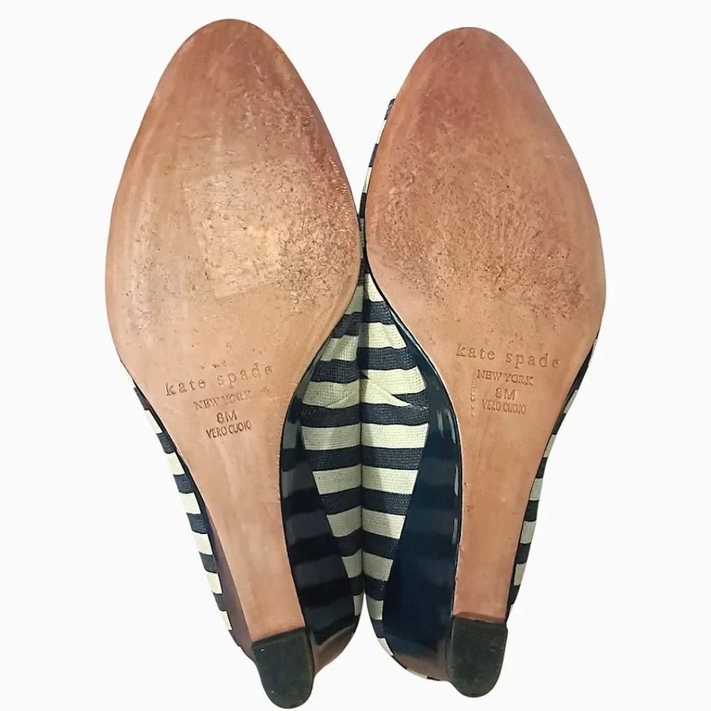 Kate Spade New York Melinda Canvas & Patent Leather Peep Toe Wedges Navy / Ivory